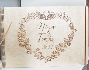 Personalised Guest Book, Personalised Wedding Guest Book Floral Geometric Frame Wooden Guest Book, Guestbook Wedding, Guest Book Alternative