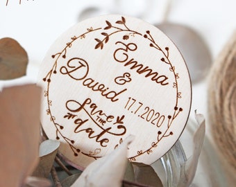 Speichern Sie das Datum Holz kranz Floral Magnet, personalisierte rustikale Kühlschrank Magnete, gravierte Holz Magnete, minimale moderne elegante Hochzeit