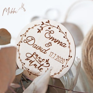 Salvar o ímã floral da grinalda de madeira da data, ímãs de geladeira rústicos personalizados, ímãs de madeira gravados, casamento elegante moderno mínimo
