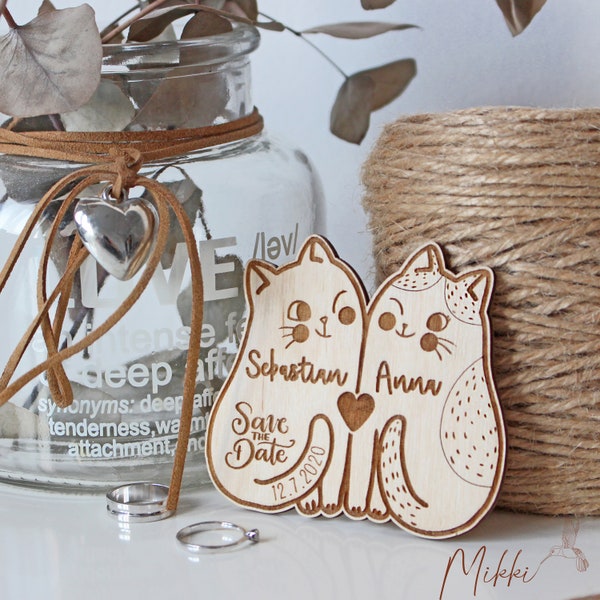 Save The Date With Cute Cats, Personalized Wooden Gift Fridge Magnets, Unique Rustic Heart Invitation, Wood Wedding Magnets Engraved