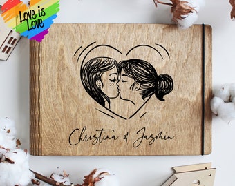 Wedding Guest Book, Photo album, original Custom Gift for unique LGBT pride Wedding, guest can sign on sheets our nature wooden book