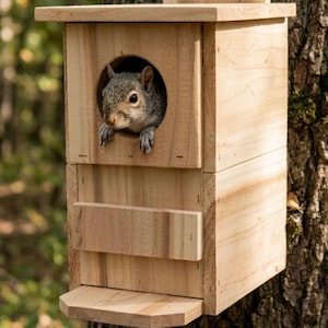 May include: A wooden squirrel house attached to a tree trunk. The house has a round entry hole and a small platform. A gray squirrel is peeking out of the hole, with its paws visible. The house is made of light-colored wood.