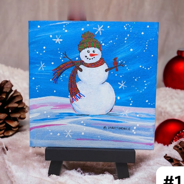 Christmas Snowman Painting, Festive Holiday Art, Original Snowman Artwork, Whimsical Winter Decor, Hand-Painted Christmas Decoration w/easel