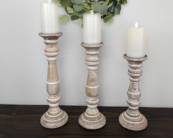 Pillar Candle Holders Set of 3, Wood Candle Holders, Candle Holder Decor, Decorative Candle Holder, Farmhouse Candle Holders Home Decor Gift