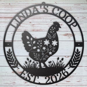 Personalized round chicken coop metal sign with custom name
