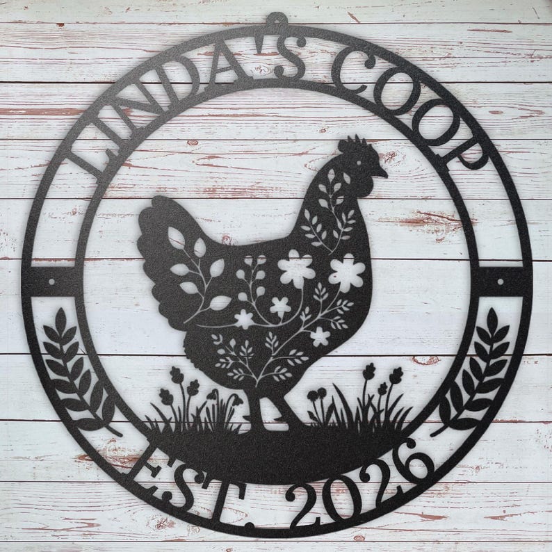 Personalized round chicken coop metal sign with custom name