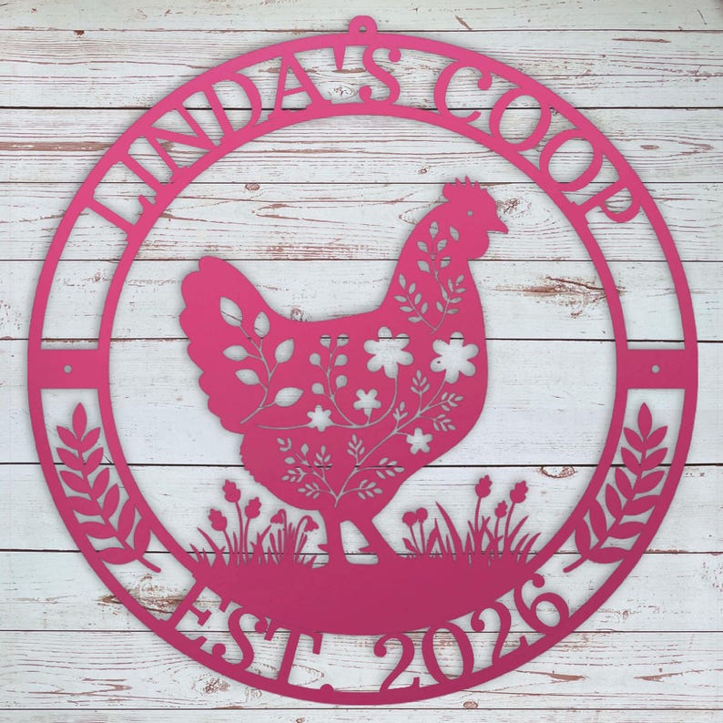 Decorative metal pink sign with a chicken silhouette and text on a wooden background