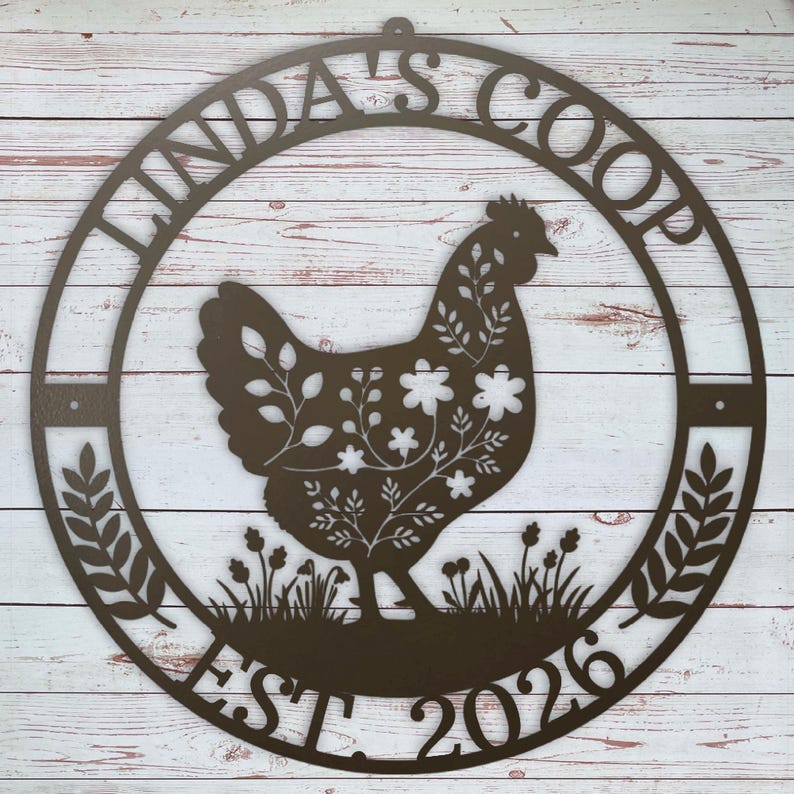 custom metal coop sign that's a brown color with personalized name and date