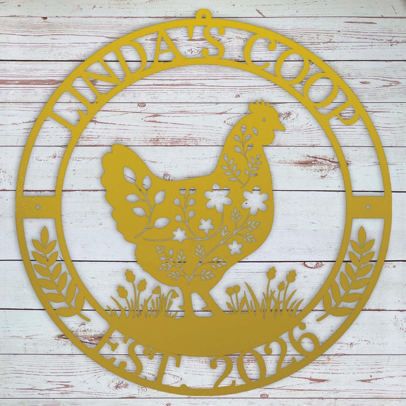 Decorative metal sign with chicken silhouette and text on a wooden background