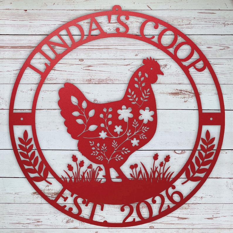 Red metal chicken coop sign with a chicken design and text on a wooden background