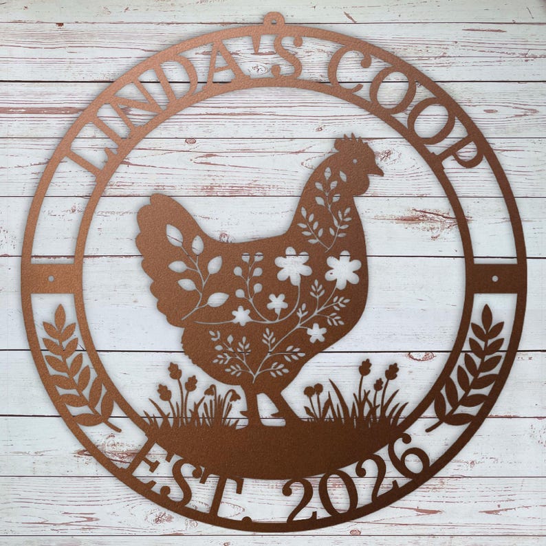 Backyard Chicken Keeper Gift Custom Metal Coop Sign Personalized Farm Plaque Outdoor Hen House Nameplate Round Farmhouse Marker Garden Display Barn Emblem Homestead Style Name Date Engraving Durable Weather Proof Country Poultry House Gate