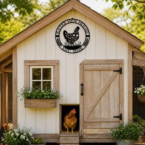 Custom hen house sign with name and date on a cute chicken house