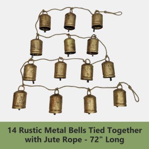 Antique Gold Finish Rustic Bell Garland on Jute String Rope - Farmhouse Christmas Decor - Handmade Vintage Festive Home Decoration 72" L