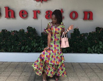 Ankara Dress: double layered frill flowing gown with cold shoulder hands