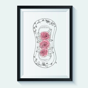 May include: A black and white line drawing of a sanitary pad with three pink roses inside. The roses are drawn in a watercolor style.