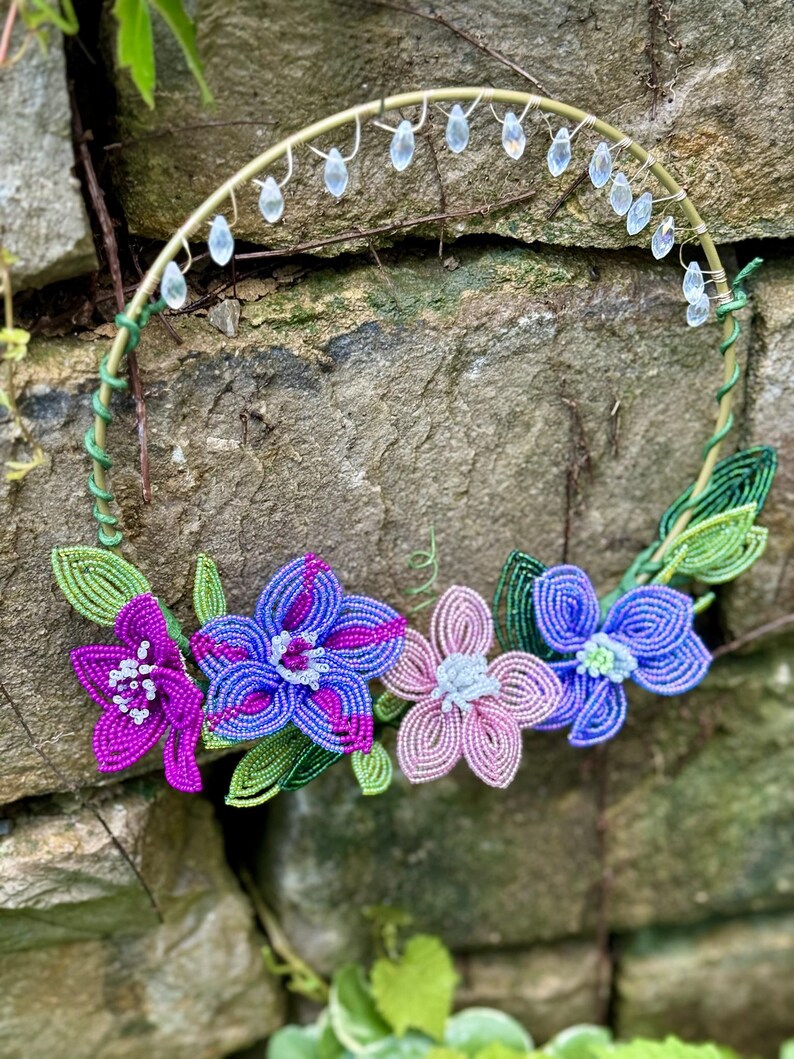 French Beaded Flower Hoop | Handmade Beaded Floral Wall Decor ...