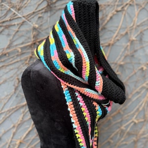 Handmade Black Crochet Hooded Scarf: Neon Accent Infinity Scarf