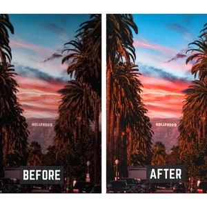 Op de afbeelding: Een gesplitst beeld dat de voor en na van een fotobewerking laat zien. De voor-afbeelding toont een uitzicht op het Hollywood-bord door palmbomen met een gedempt kleurenpalet. De na-afbeelding toont hetzelfde uitzicht met een levendig kleurenpalet en verhoogd contrast.