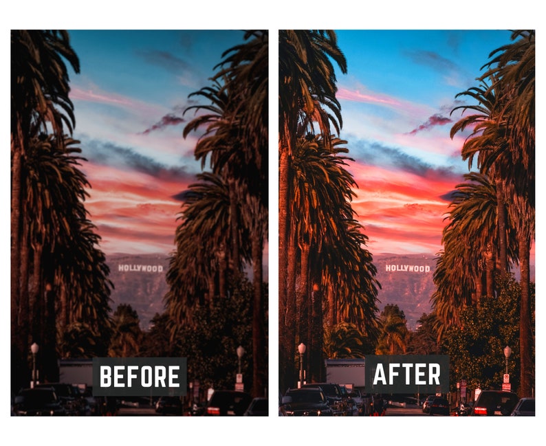 Op de afbeelding: Een gesplitst beeld dat de voor en na van een fotobewerking laat zien. De voor-afbeelding toont een uitzicht op het Hollywood-bord door palmbomen met een gedempt kleurenpalet. De na-afbeelding toont hetzelfde uitzicht met een levendig kleurenpalet en verhoogd contrast.
