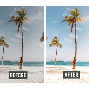 Op de afbeelding: Een voor- en na-afbeelding die het verschil in kleur en helderheid van een foto laat zien. De voor-afbeelding is een beetje saai en uitgebleekt, terwijl de na-afbeelding helderder en levendiger is. Beide afbeeldingen tonen een vrouw die voor een palmboom op een strand staat.
