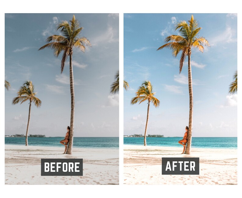 Op de afbeelding: Een voor- en na-afbeelding die het verschil in kleur en helderheid van een foto laat zien. De voor-afbeelding is een beetje saai en uitgebleekt, terwijl de na-afbeelding helderder en levendiger is. Beide afbeeldingen tonen een vrouw die voor een palmboom op een strand staat.