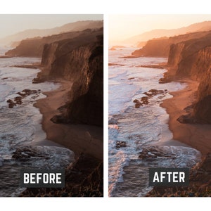Op de afbeelding: Een voor- en na-afbeelding die het verschil in kleur en contrast laat zien van een foto van een rotsachtige kustlijn met een zandstrand en oceaan golven. De afbeelding links is gelabeld met "VOOR" en de afbeelding rechts is gelabeld met "NA".