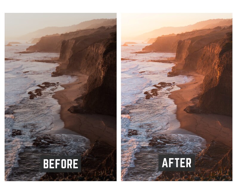 Op de afbeelding: Een voor- en na-afbeelding die het verschil in kleur en contrast laat zien van een foto van een rotsachtige kustlijn met een zandstrand en oceaan golven. De afbeelding links is gelabeld met "VOOR" en de afbeelding rechts is gelabeld met "NA".