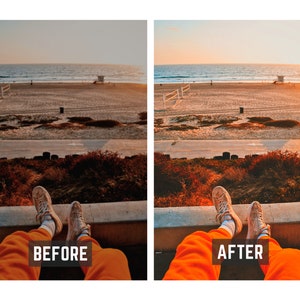 Op de afbeelding: Een persoon in een oranje broek zit op een betonnen muur met zijn benen gestrekt. De persoon draagt witte sneakers. De achtergrond toont een strand met een reddingsbrigadepost en een volleybalnet. De tekst "VOOR" staat aan de linkerkant van de afbeelding en "NA" aan de rechterkant van de afbeelding.