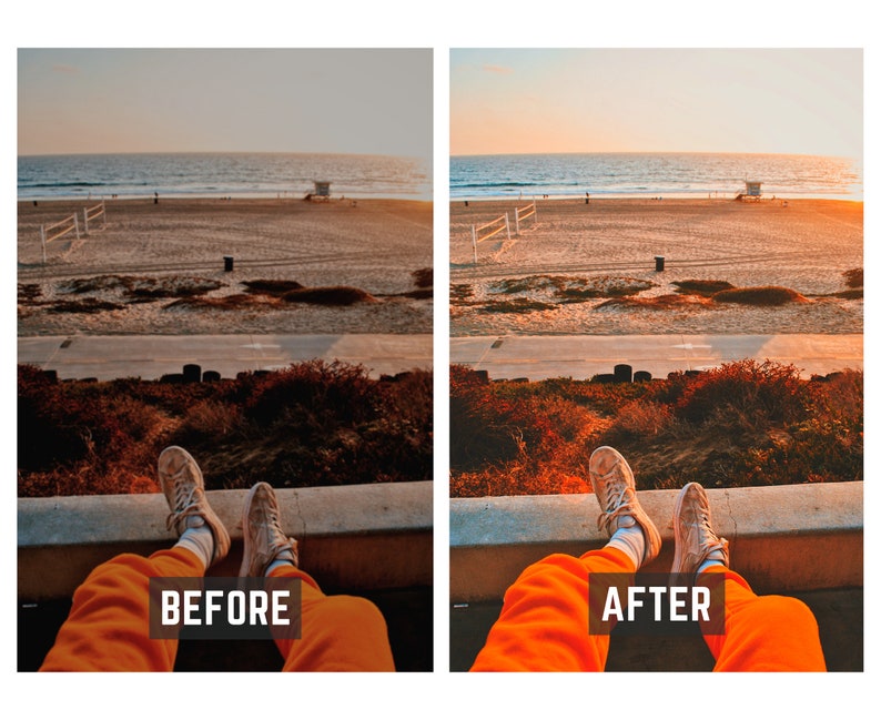 Op de afbeelding: Een persoon in een oranje broek zit op een betonnen muur met zijn benen gestrekt. De persoon draagt witte sneakers. De achtergrond toont een strand met een reddingsbrigadepost en een volleybalnet. De tekst "VOOR" staat aan de linkerkant van de afbeelding en "NA" aan de rechterkant van de afbeelding.