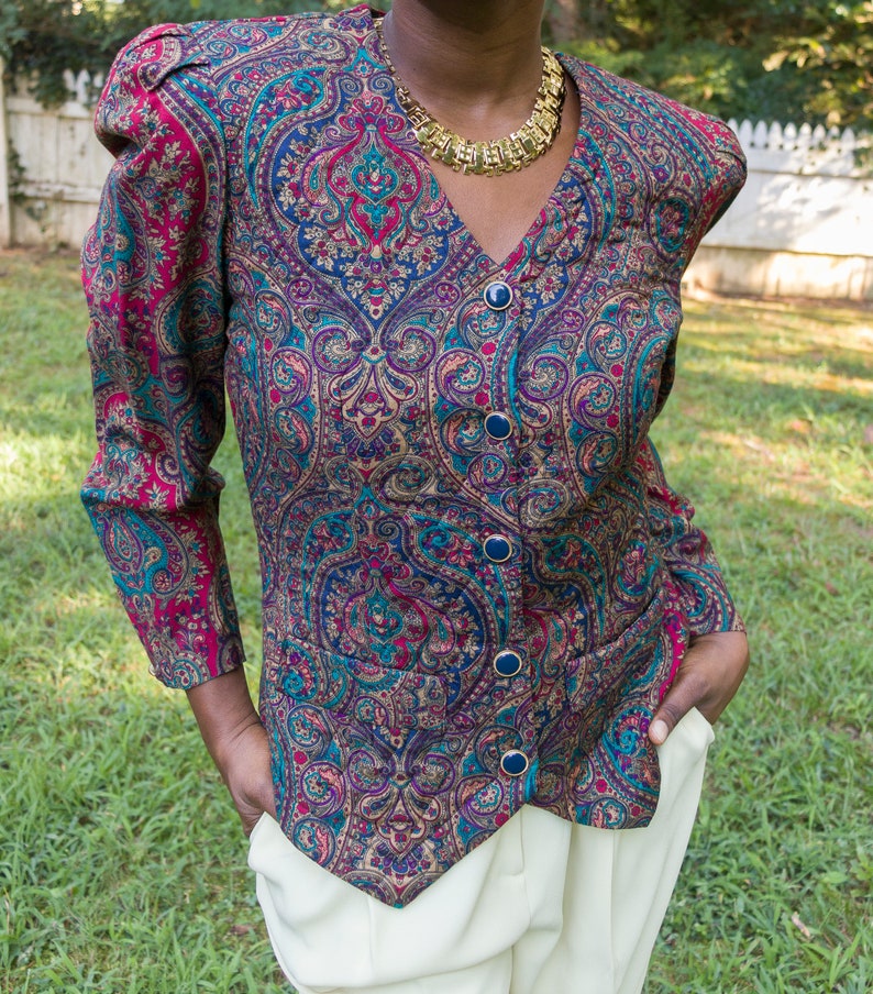 Vintage Paisley Print Puff Sleeve Button Corset Top