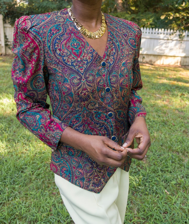 Vintage Paisley Print Puff Sleeve Button Corset Top