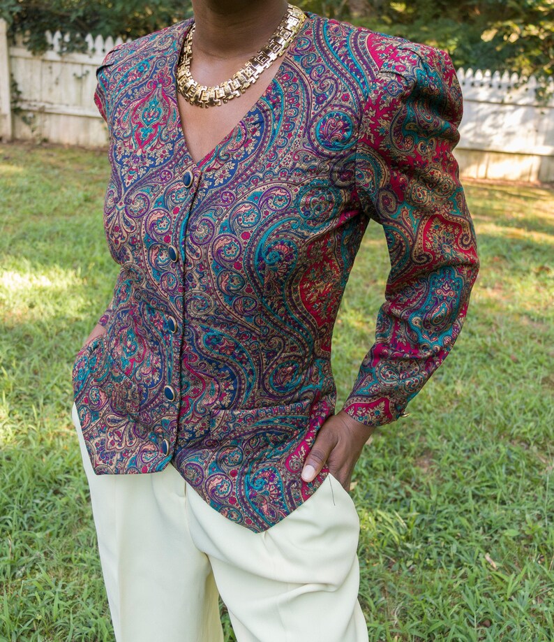 Vintage Paisley Print Puff Sleeve Button Corset Top