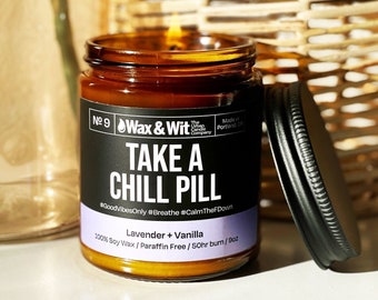 Funny Candles | Scented Soy Candle | 9 oz Amber Glass | Take a Chill Pill | Lavender + Vanilla