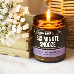 Funny Candles | Scented Soy Candle | 9 oz Amber Glass | Six Minute Snooze | Grapefruit + Basil + Blood Orange