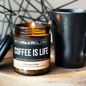 Funny Candles | Scented Soy Candle | 9oz Amber Glass | Coffee is Life | Rich Kona Coffee