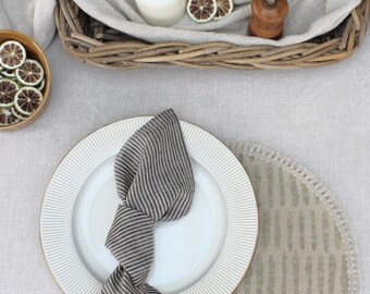 Natural Linen Round Placemat, Sage Green Print, Fringed Edge - Mia