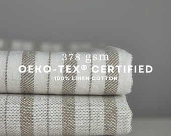 Natural Linen Fabric, Freya White Striped, Medium Weight, Oeko-Tex, Sold Per Metre