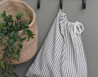 French Ticking Stripe Cotton Drawstring Bag, Toy Storage, Gift Pouch