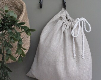 Oatmeal Linen Drawstring Bag, Natural Toy Storage, Produce Sack