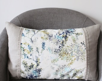 Linen Cotton Cushion Cover, Oblong Floral Pastel Blue and White Coastal Print