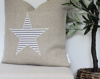 Natural Linen Cushion Cover, Coastal Star Blue Ticking Stripe Applique, Handmade Home Decor