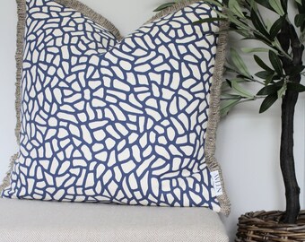 Linen Cushion Cover, Blue Abstract Print, Handmade Nordic Style Throw Pillow