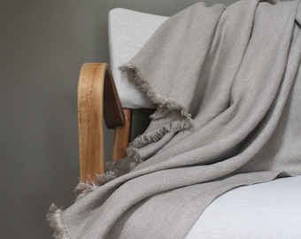 Handmade Oeko-Tex Linen Throw Blanket, Rustic Fringed Bed Cover