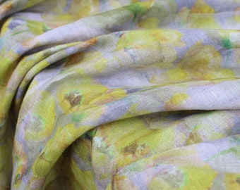 2m Floral Natural Linen Fabric, Yellow Tulip Print, Dressmaking Fabric - CLEARANCE