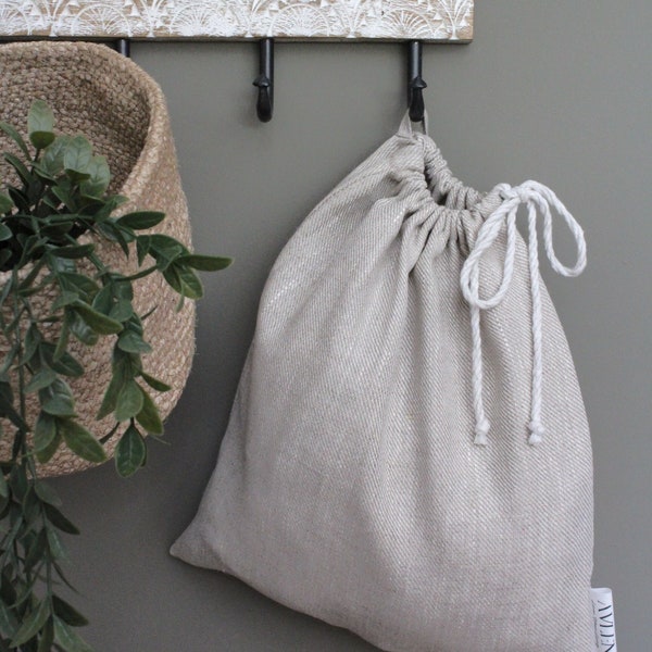 Raw Linen Drawstring Bag, Linen Oatmeal Storage Bag, Natural Produce Bag, Pure Flax Linen Fabric Bread Bag, Drawstring Storage, Toy storage