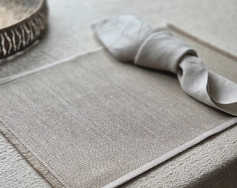 Natural Linen Table Placemat, Earthy Brown with Rustic Fringed Edge - Gabi
