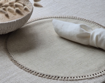 Natural Linen Round Placemat with Decorative Fringe, Table Decor - Sara