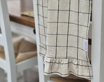 Natural Linen Ruffle Tea Towel – Checkered Farmhouse Kitchen Accessory, Guest Hand Towel