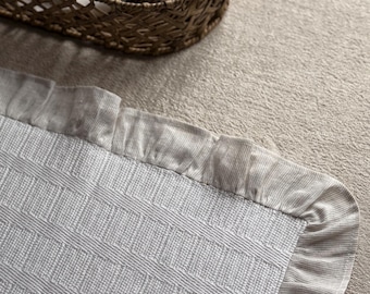 Natural Linen Frilled Placemat, Off White with Neutral Stripe Edges, Rustic Table Decor