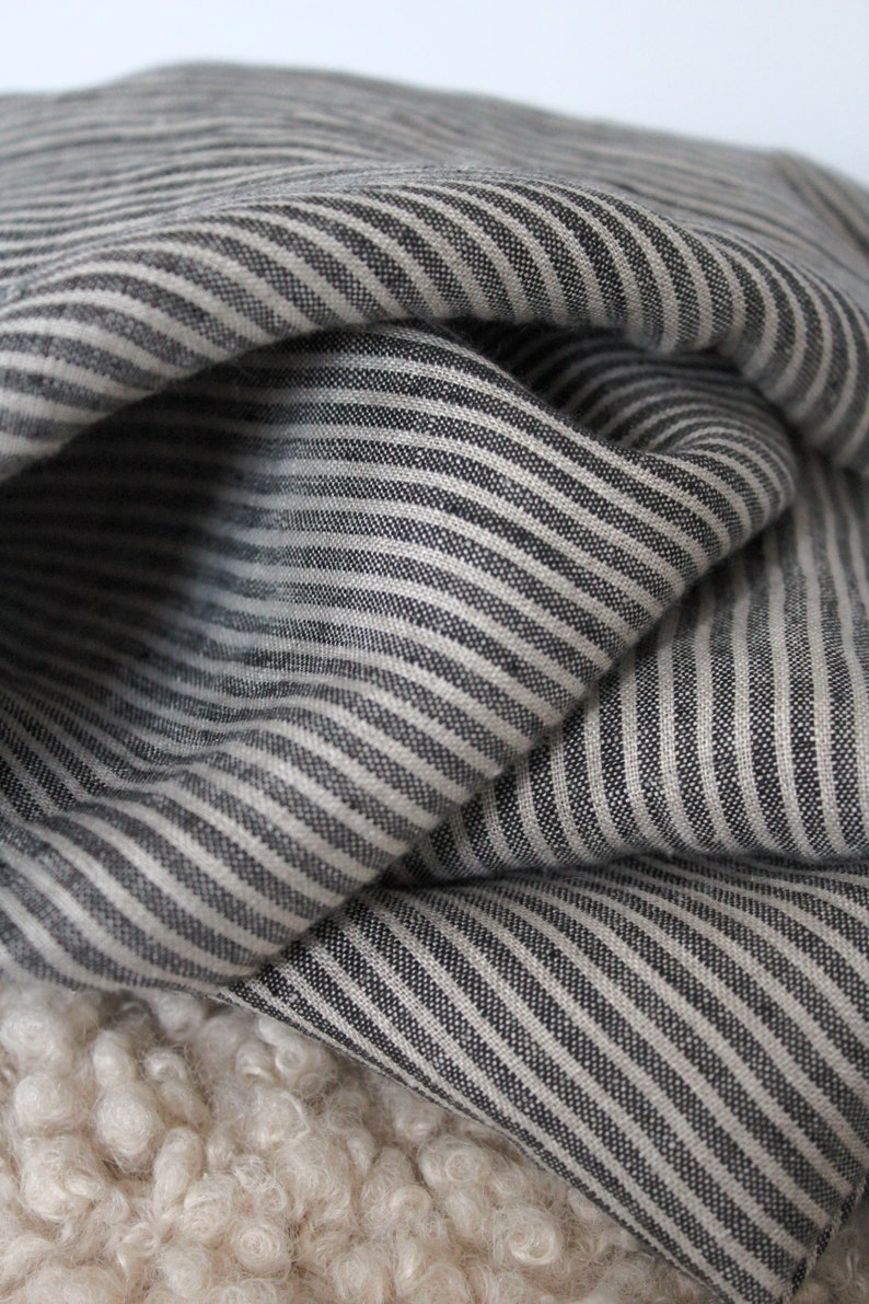 100% Pure Oeko‑Tex Linen Fabric by the Metre – Soft Washed Linen in Neutral Stripes, UK Fabric for Curtains, Dressmaking & Homeware - Siena WIDE MOCHA STRIPE